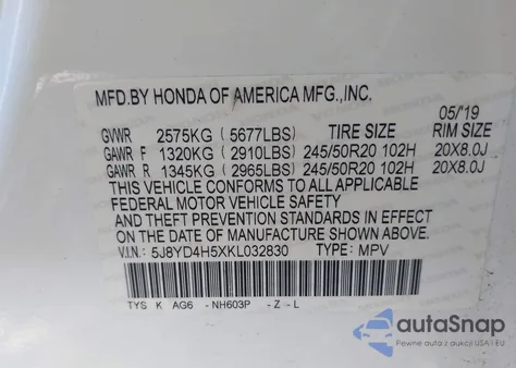 2019 Acura Mdx Technology Pkg from USA, damaged, VIN 5J8YD4H5XKL032830